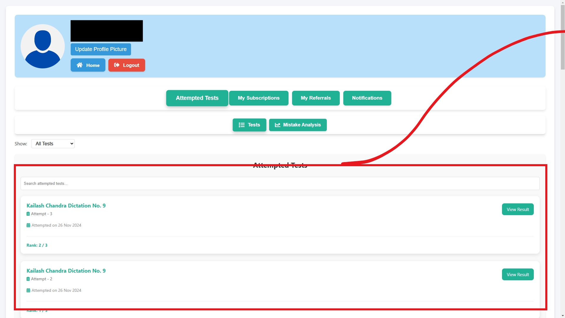 Step 13: View Attempted Tests